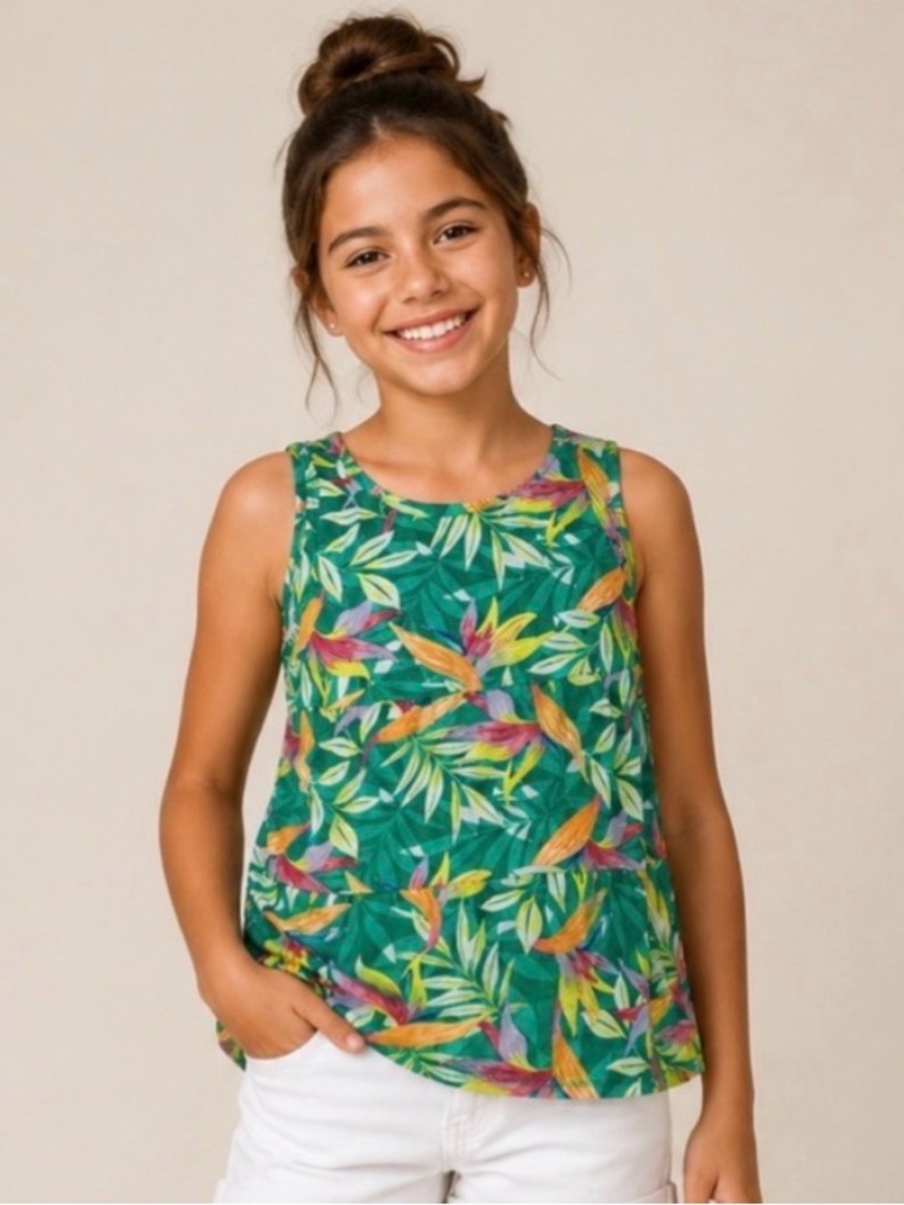 🌴 Girls Teal Tropical Leaf Print Top - size Large (10-12)
